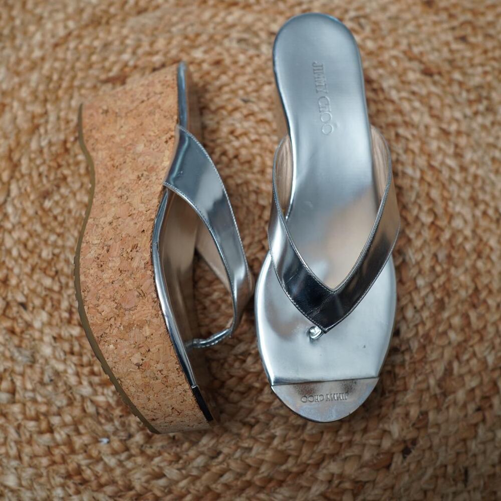 Jimmy Choo Silver Cork Wedge Sandals 36.5